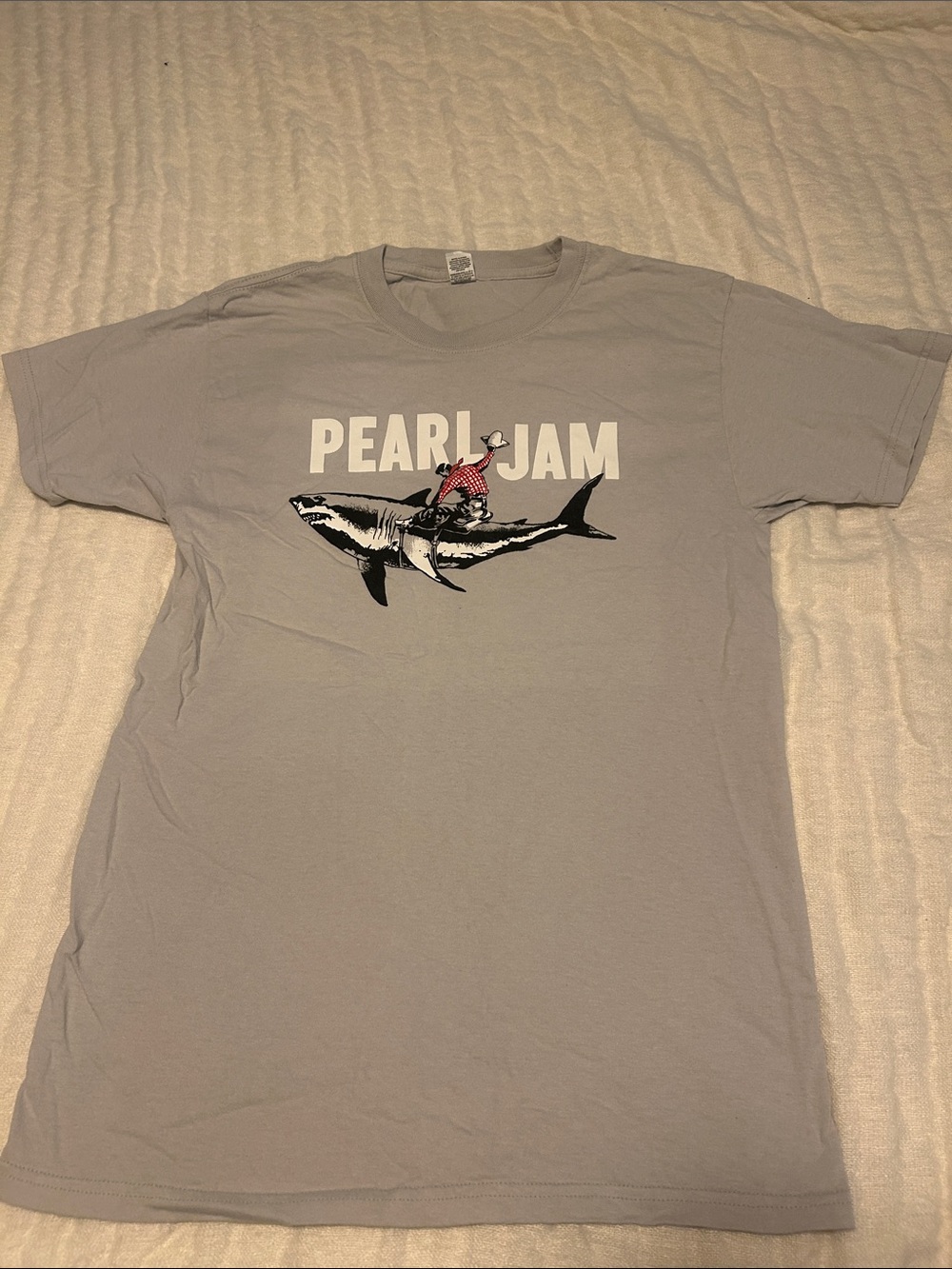 Pearl Jam light gray band tee with shark graphic and red rider